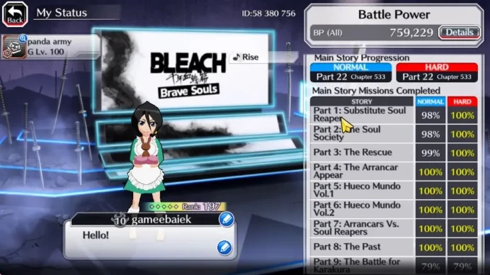 [GBL]52K Orb|10th Anniv(Rukia,Ichigo),Valentine(Yachiru,Rukia),Renewd(Byakuya,Aizen),Etc|7K AccTic|Klab ID|(BBS2461)