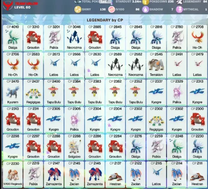  POGO  Shiny: Necrozma , Giratina  | Shiny:136  | IV100 Regirock | Legendary: 84 | Level 60 | Shiny Dialga 4K  | [MG] | PG-MXJJG