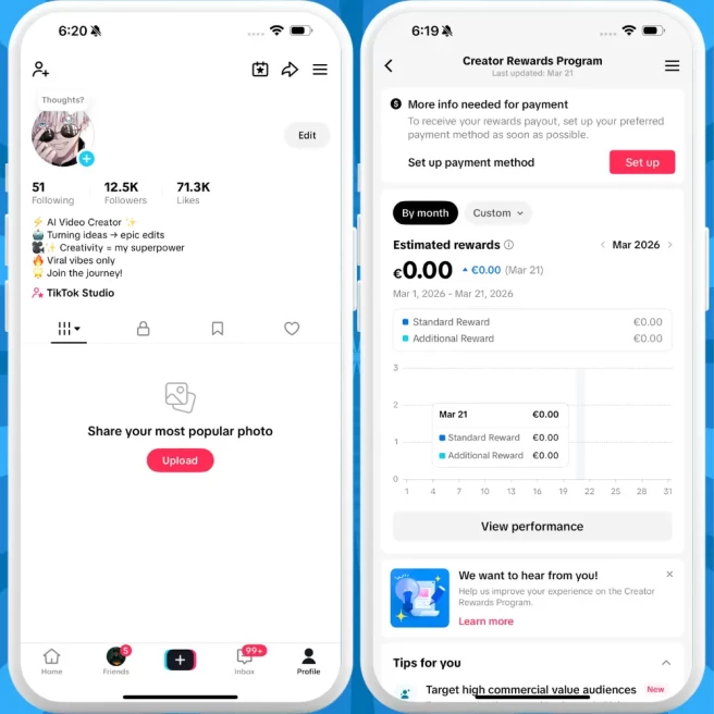 [Discounted] France Monetized Creator Rewards Program Account | 12K Followers & 71K Likes | Verified Screenshots + Instant Delivery