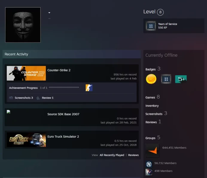 CS2 Prime 956 hours+7Medals(2017-2021-2025 Service Medal/Premier Season One Medal/5Y/Loyalty Badge/Global Offensive Badge)