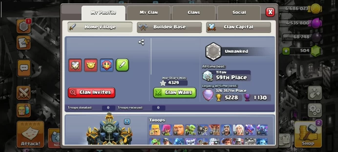 TH17 4329 WAR STARS - 5 EPIC EXCLUSIVE SKINS - SEMI MAX DEFENSES / WALLS - EQUIPMENT EPIC HERO SKIN GEMS MAGIC ITEMS TH 17