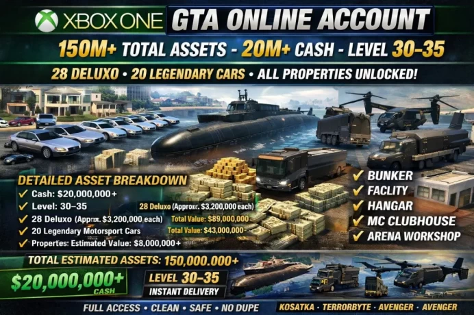 Xbox One GTA Online Account – 150M+ Total Assets – 20M+ Cash – Level 30–35 – 28 Deluxo + 20 Legendary Cars – All Properties Unlocked