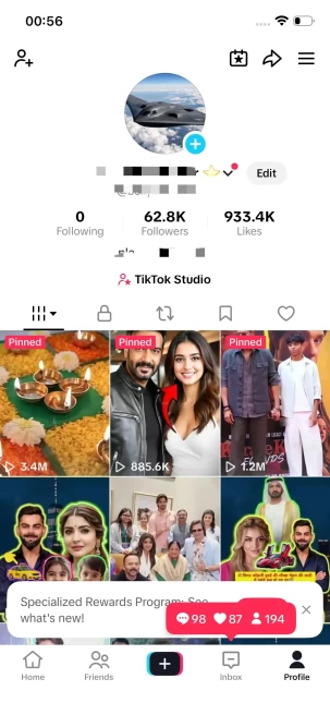Instanly Delivery/ Monetized 62K Real Followers+900K Real Likes Account/ Creator Rewards Program Activated/ Full Access
