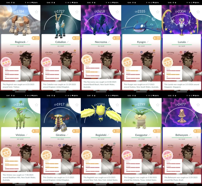 Level 72 Account || 17M Stardust, 100IV Regirock, 471 Total Pokemon, 32 Perfects, 231 Shinies, 2 100IVs Legends, 196 Legendaries. d332