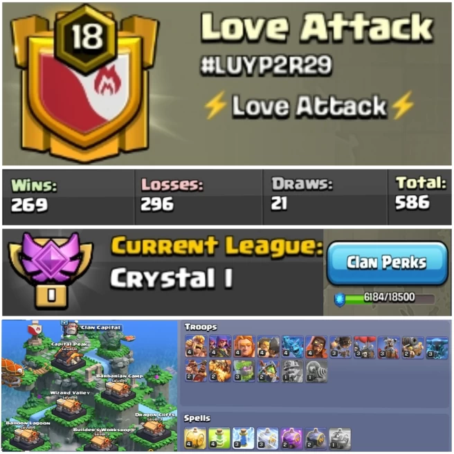 C45◈Name: Love Attack◈Lvl 18◈CWL: CRYSTAL 1◈Capital Hall Lvl 8◈War Win 269◈High Lvl