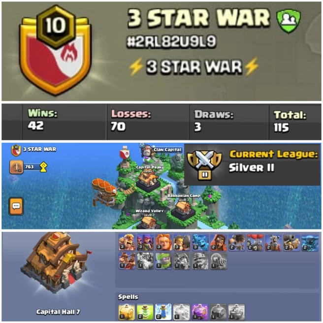 C7▰Name: 3 STAR WAR▰Lvl 10▰Capital Peak Lvl 7▰Good Troops▰CWL Rank: Silver 1