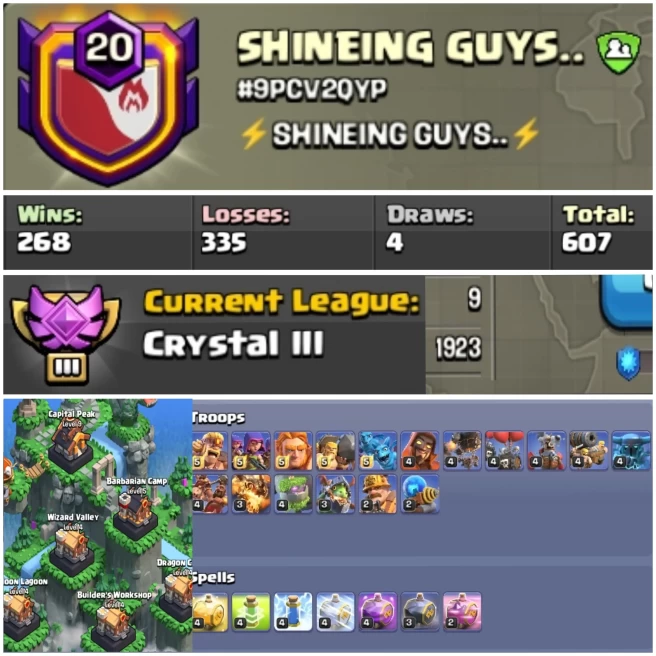 C57◆Name: SHINEING GUYS..◆Lvl 20◆CWL: Crystal 3◆Capital Hall Lvl 9◆Lot's Of Troops Max◆High Lvl