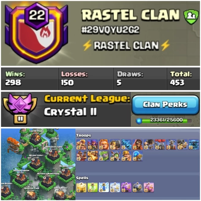 C55▰Name: RASTEL CLAN▰Lvl 22.9▰Capital Hall Lvl 10▰CWL: Crystal 2▰Almost Level 23▰High Lvl