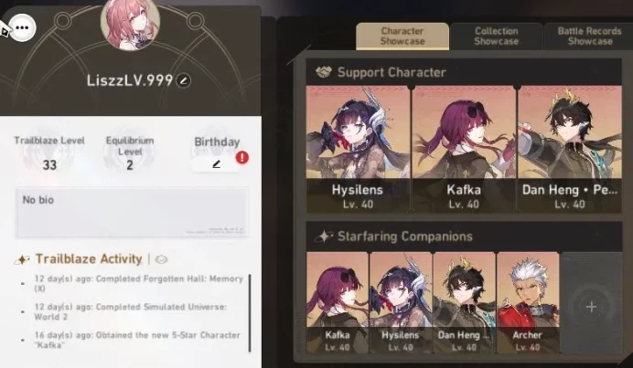 Asia|TL 33|10,8K SJ+40 Pass|4 Limited| [Hysilens,Kafka,Archer,Dan Heng PT] |Male MC|Penacony|Take Mail|Check SS(HSR6103)