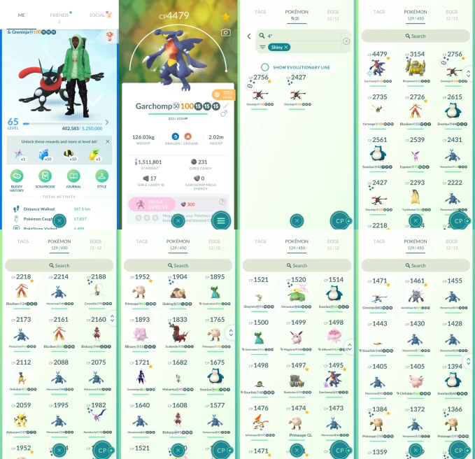 AC1359 -lv 65 Mystic | x2 3000CP | x22 2000CP | x4 Legendary | x2 SHUNDO | x25 shiny | x5 100IV | 4479CP Garchomp Shundo Greninja shiny Cresseli