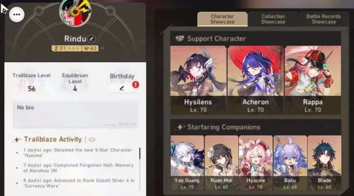 Asia|TL 56|7 Limited| [Rappa E1]+Sign,Yao Guang,Hysilens,Hyacine,Acheron,Dante,Ruan Mei |Female MC|Take Mail|Check SS(HSR6111)
