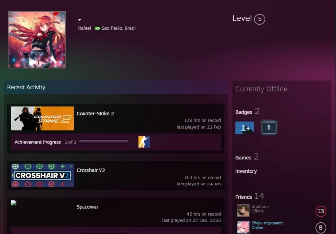 CS2 Prime 139 hours+3Medals(Loyalty Badge/5 Year Veteran Coin/Global Offensive Badge)