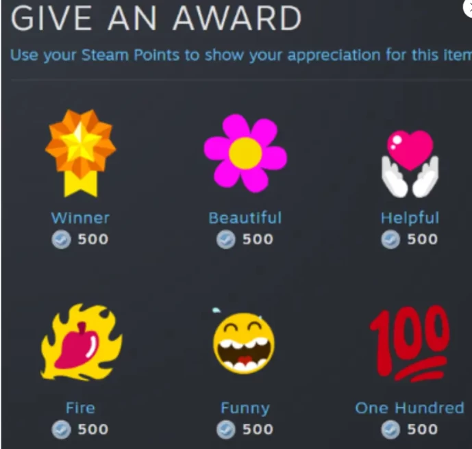Steam awards/HomePage Reward/Random/Wholesome/Pure Gold/Smart/Plus One/Perfect/Life Saver/One/Hundred/Funny/Fire/Helpful/Beautiful/Winner