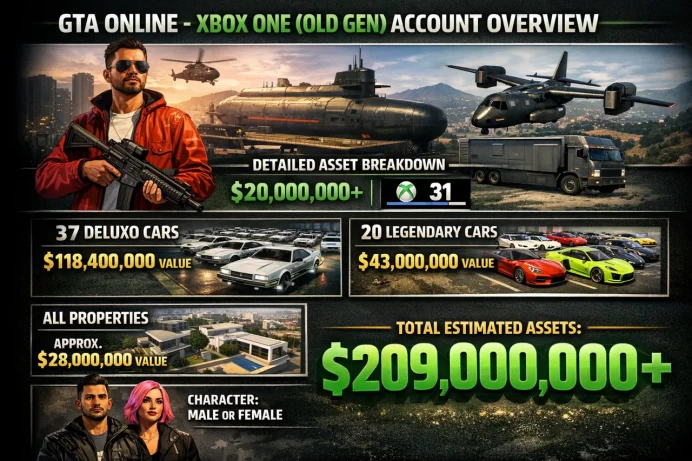 Xbox One GTA Online Account – 200M+ Assets – 20M+ Cash – Level 31 – 37 Deluxo – 20 Legendary Cars – All Properties Unlocked