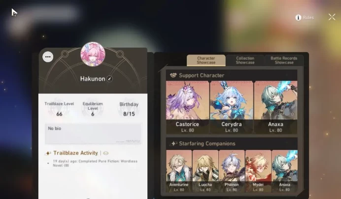 Asia|TL 66|13 Limited|[Castorice E1,Cerydra,Anaxa]+Sign,Phainon,Cyrene,Hyacine,Mydei,Etc|Amphoreus|TakeMail|CheckSS|(HSR6126)
