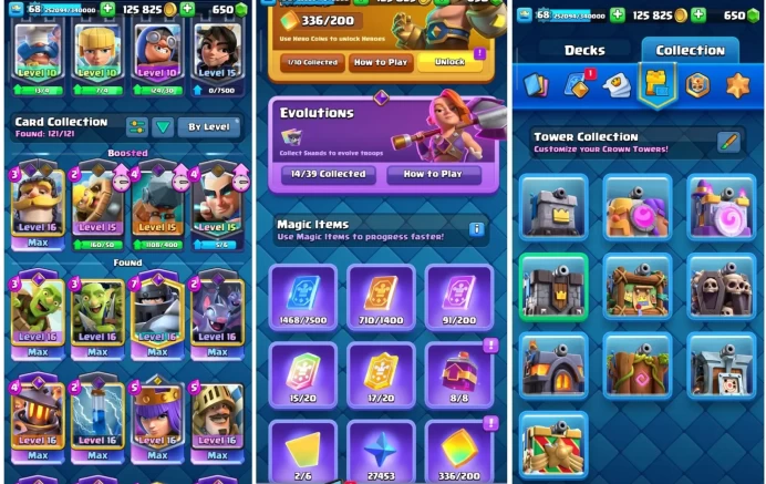 #R476 | LVL68 | Cards: 11 LVL 16 | 8 LvL 15 | 14 Evolved | 1 Hero | 9 Tower Skin | 107 Emotes | Hero Coins: 336 | IOS And ANDROID