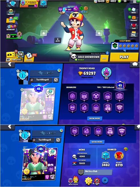 SEXXY BS 69.2k TROPHY, 100/100 UNLOCKED, 62 HYPERCHARGED, 2 MAXED, 394 OP SKINS [15 MYTHIC+15 LEGENDARY+12 HC] , 1034 PINS, 484 ICON,222 SPRAYS