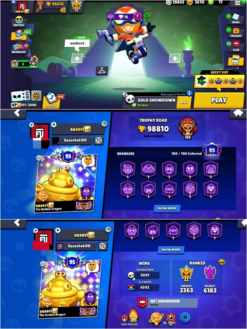 BEST BS 98.8k TROPHY,100/100 UNLOCKED,43 HYPERCHARGED,4 MAXED,414 OP SKINS [23 MYTHIC+18 LEGENDARY+6 HYPERCHARGED] ,1206 PINS,487 ICON,251 SPRAY