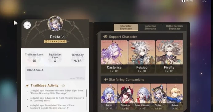 Asia|TL 70|Archer PremTeam+Saber Hypercarry|25 Limited|[Feixiao,FireFly,Sparkle+E1]+Sign,Topaz+E1,etc|CheckSS|TakeMail(HSR6140)