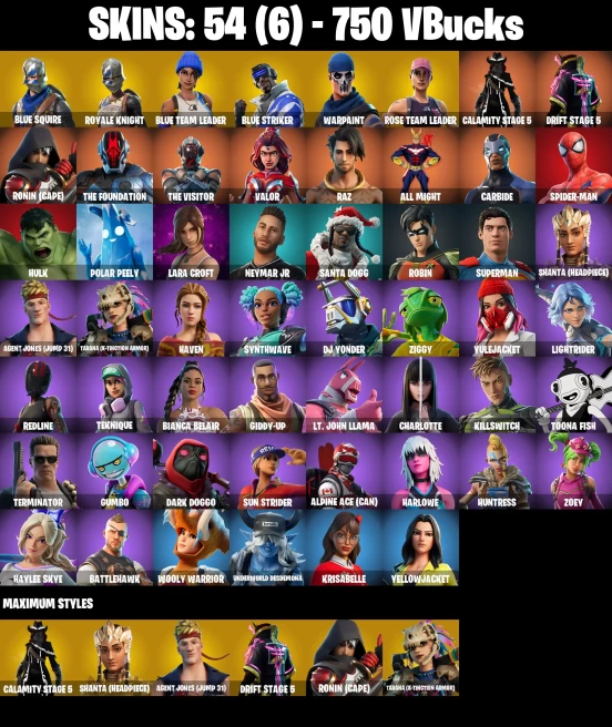PC/NS | 54 SKINS | OG STW | BLUE SQUIRE | ROYALE KNIGHT | BLUE TEAM LEADER | BLUE STRIKER | CALAMITY STAGE 5 | DRIFT STAGE 5 | RONIN (CAPE) |...