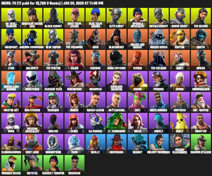 74 skins | OG Skull Trooper + Renegade Raider (OG) + Black Knight