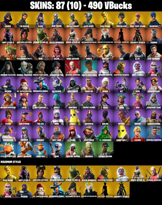[PC]&nbsp; 87 SKINS | OG STW | IKONIK | THE REAPER | GLOW | BLUE SQUIRE | ROYALE KNIGHT | ELITE AGENT | GOLD MIDAS | TRAILBLAZER | 490 VB...