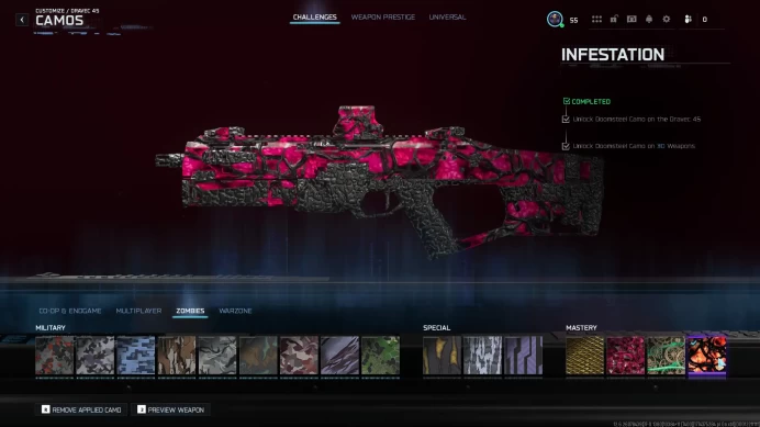  Bo7  Infestation Camo Unlocked on 30 guns (all meta guns)  Prestige 5 Ready to Hit 6  Includes( Golden Dragon / Bloodstone / Doomsteel 