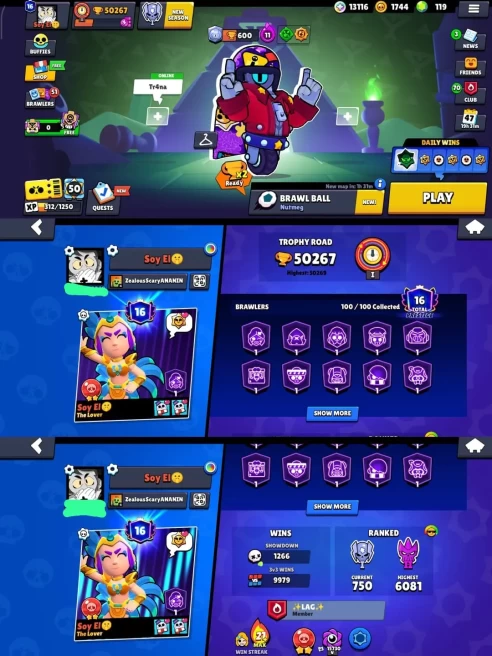 BEST BS 50.2k TROPHY, 100/100 UNLOCKED,26 HYPERCHARGED,4 MAXED,243 OP SKINS [6 MYTHIC+6 LEGENDARY+6 HYPERCHARGED],642 PINS, 340 ICON,171 SPRAYS