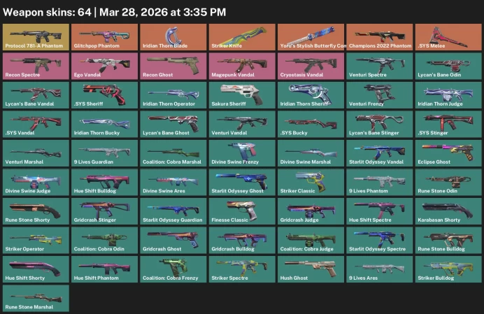 EU Full Access | 64 Skins Champions 2022 Phantom+Magepunk Vandal+Recon Ghost+Glitchpop Phantom+Cryostasis Vandal+more