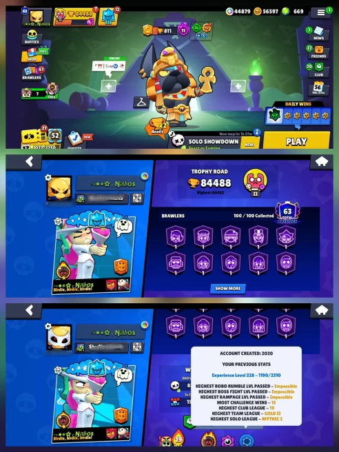 BS+CR+COC COMBO | 84.4K TROPHIES | 2020 ACC | 88 HC, 12 MAXED | 369 SKINS | 1109 PINS | 12K CR | 6 L16, 36 L15, 70 L15 | 204 EMOTE| TH 17 SEMI M