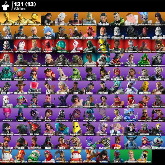 (PC PSN XBOX) 131 skins | Gold Midas | Gold Brutus | Gold Meowscles | Era | Snap | Optimus Prime | Spectra Knight | The Ageless | Twyn | Peter G