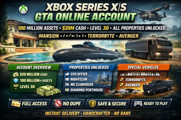 XS GTA Online Account – 100M+ Assets – 20M+ Cash – Level 30–35 – 28 Deluxo – All Properties Unlocked – Avenger – Terrorbyte – Full Access 