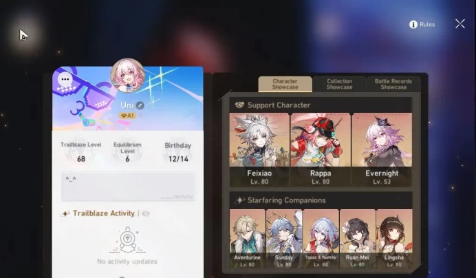 Asia|TL 68|11 Limited|Evernight,Sunday,Lingsha E1,Rappa,Feixiao,Sparkle,Dante,Etc|Amphoreus|Male MC|Take Mail|Check SS(HSR6167)
