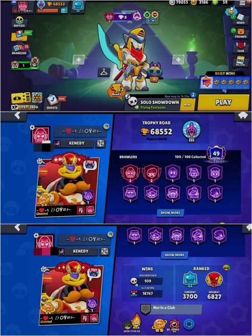 BEST BS 68.5k TROPHY, 100/100 UNLOCKED, 44 HYPERCHARGED, 4 MAXED,338 OP SKINS [9 MYTHIC+10 LEGENDARY+6 HYPERCHARGED],847 PINS,404 ICON,214 SPRAY