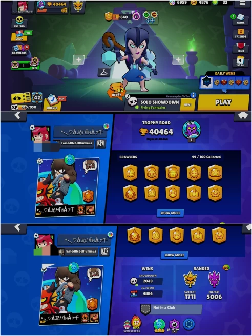 OP BS 40.4k TROPHY, 99/100 UNLOCKED, 18 HYPERCHARGED,11 MAXED BRAWLERS, 251 OP SKINS [10 MYTHIC+5 LEGENDARY+5 HC],592 PINS, 368 ICON,183 SPRAYS