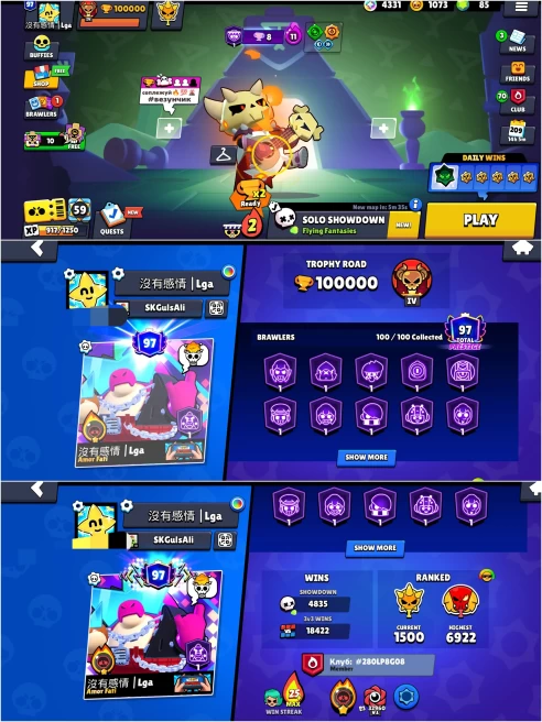 OP BS 100k TROPHY, 100/100 UNLOCKED, 65 HYPERCHARGED, 363 OP SKINS [13 MYTHIC+5 LEGENDARY+7 HYPERCHARGED],1119 PINS,468 ICON,226 SPRAYS