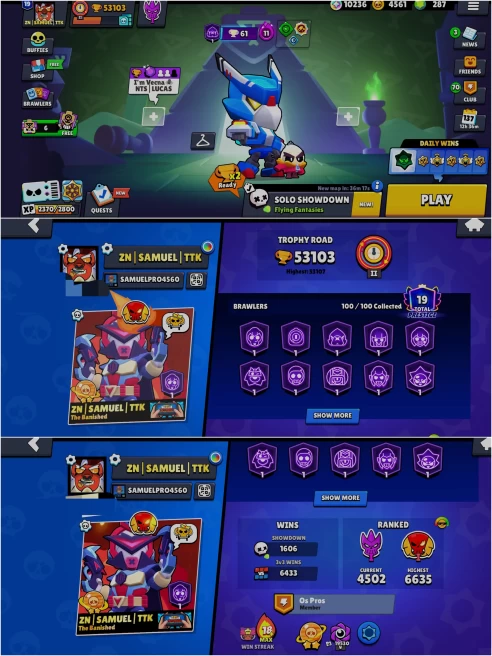 BEST BS 53.1k TROPHY, 100/100 UNLOCKED, 40 HYPERCHARGED,1 MAXED, 302 OP SKINS [9 MYTHIC+11 LEGENDARY+8 HYPERCHARGED],838 PINS,435 ICON,221 SPRAY