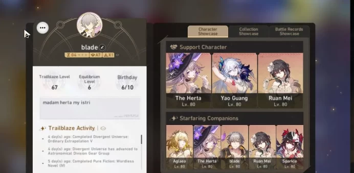 Asia|TL 67|7 Limited|[The Herta E2,Aglaea E1,Sparkle,Yao Guang]+Sign,Archer,Ruan Mei,Dante|Male MC|TakeMail|CheckSS(HSR6174)