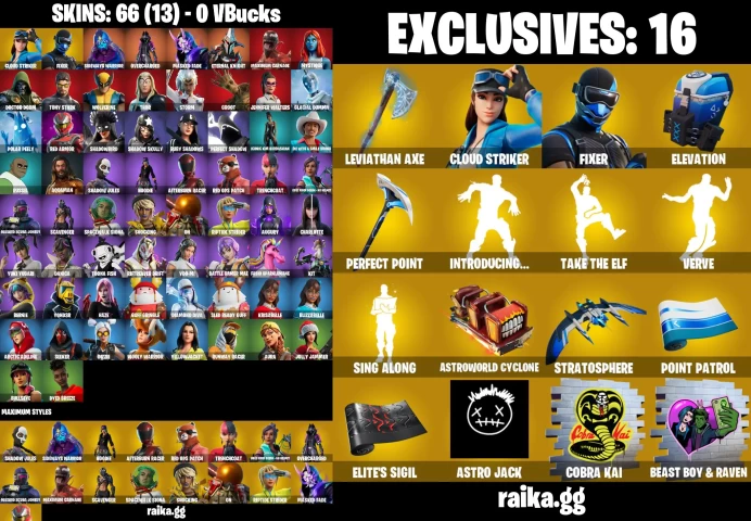 66 skins | Leviathan Axe | Aura | Tony Stark | Mystique | Jabba Switchway | Cloud Striker | Fixer	NN65