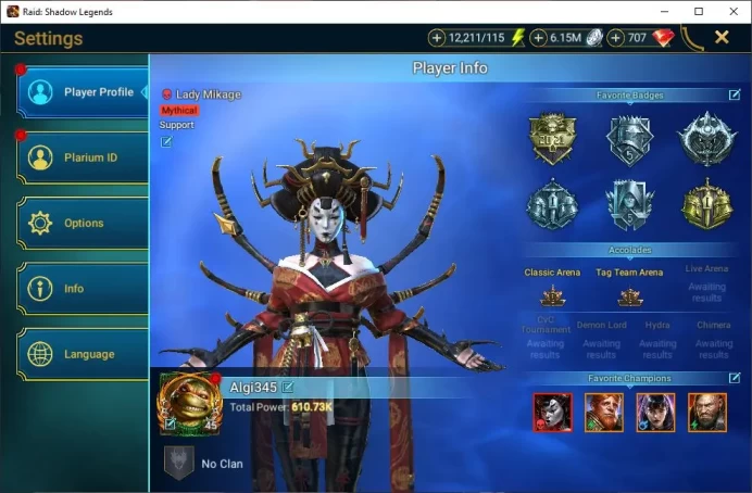 Lv45 610K Power|1 Mythical (SLady Mikage)|22 Legendary(GNut,Alice,Ninja,Wukong,Artax,McAngelo,Etc)|12K Energy|Plarium(RSL1359)