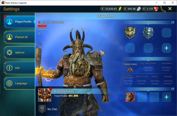 Lv16 451K Power|1 Mythical(Alaz TheSunbearer)|19 Legendary(Rathalos,Lysandra,Ninja,Artax,Etc)|33K Energy+2K Gem|Plarium(RSL1360)
