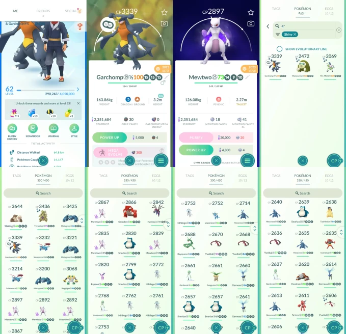 AC1380 -lv 62 Mystic | x9 3000CP | x148 2000CP | x68 Legendary | x3 SHUNDO | x32 shiny | x9 100IV | Shadow Mewtwo | Groudon Kyogre Moltres Rayqu