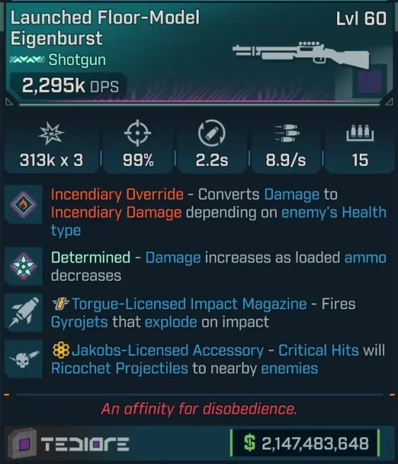 [MODDED PEARLESCENT] L60 EIGENBURST (FIRE CONVERT) - 2,295K DPS - 99% ACC - 8.9s FIRE RATE - ON RELOAD THROWS 2 HOMING GYROGETS!