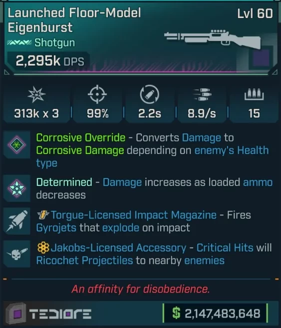 [MODDED PEARLESCENT] L60 EIGENBURST (CORROSIVE CONVERT) - 2,295K DPS - 99% ACC - 8.9s FIRE RATE - ON RELOAD THROWS 2 HOMING GYROGETS!