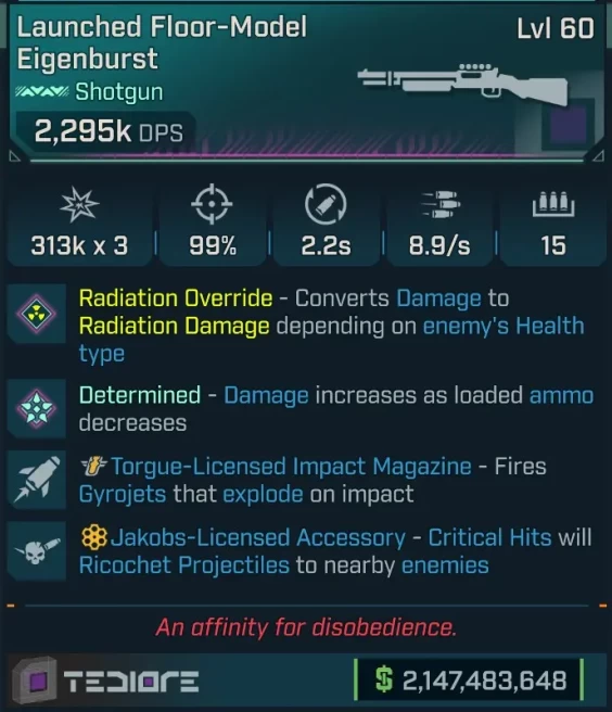 [MODDED PEARLESCENT] L60 EIGENBURST (RADIATION CONVERT) - 2,295K DPS - 99% ACC - 8.9s FIRE RATE - ON RELOAD THROWS 2 HOMING GYROGETS!