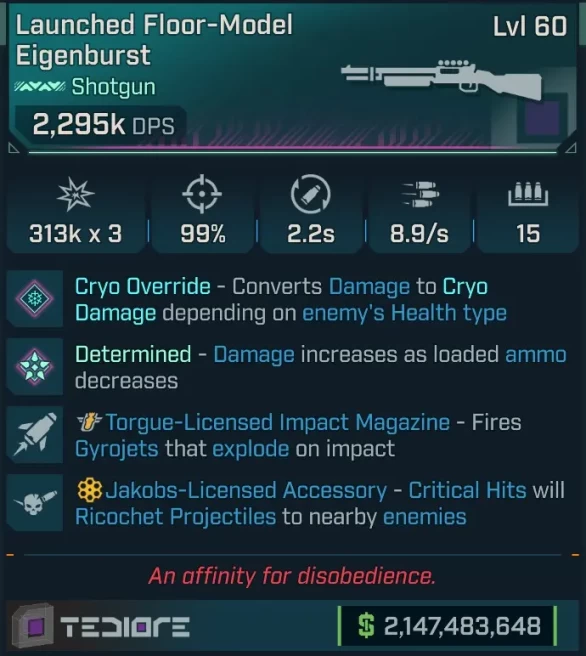 [MODDED PEARLESCENT] L60 EIGENBURST (CRYO CONVERT) - 2,295K DPS - 99% ACC - 8.9s FIRE RATE - ON RELOAD THROWS 2 HOMING GYROGETS!