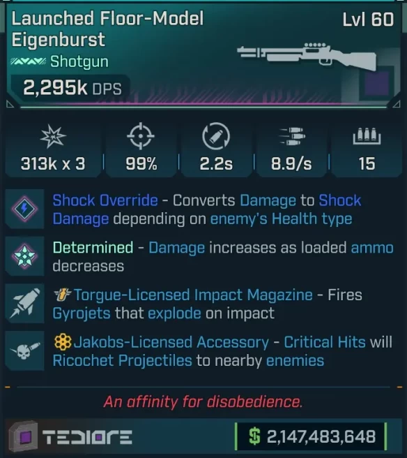 [MODDED PEARLESCENT] L60 EIGENBURST (SHOCK CONVERT) - 2,295K DPS - 99% ACC - 8.9s FIRE RATE - ON RELOAD THROWS 2 HOMING GYROGETS!