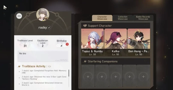 Asia|TL 31|4K SJ+83 Special Pass|3 Limited|Kafka,Topaz,Dante|Xianzhou Luofu|Male MC|Take Mail|Check SS(HSR6186)
