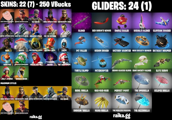22 skins | Fancy Peter Griffin (No Hat) | Burning Ambition Valeria | Old Snake | Rebel Runway Hope	NN68