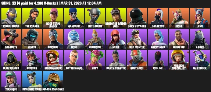 33 skins / Renegade Raider (OG) / The Reaper /  Elite Agent / OG Stw / 